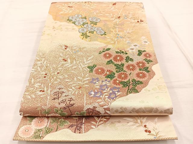 平和屋着物◎六通柄袋帯 唐織 草花文 金糸 正絹 逸品 BAAX1968hv
