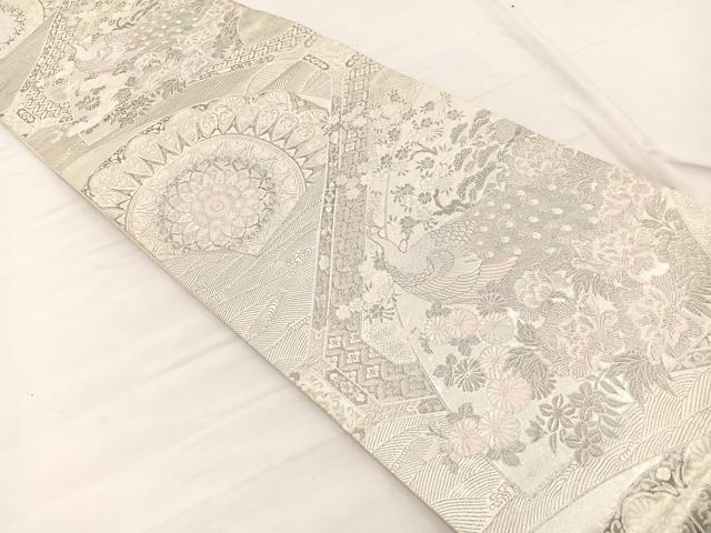 平和屋着物◎西陣 押田和男作 六通柄袋帯 唐織 蜀甲扇面花鳥文 プラチナ箔 証紙付き 正絹 逸品 BAAX2005hv