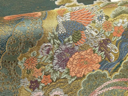 平和屋着物▼六通柄袋帯 扇面花鳥文 金糸 正絹 逸品 AABH7822wj