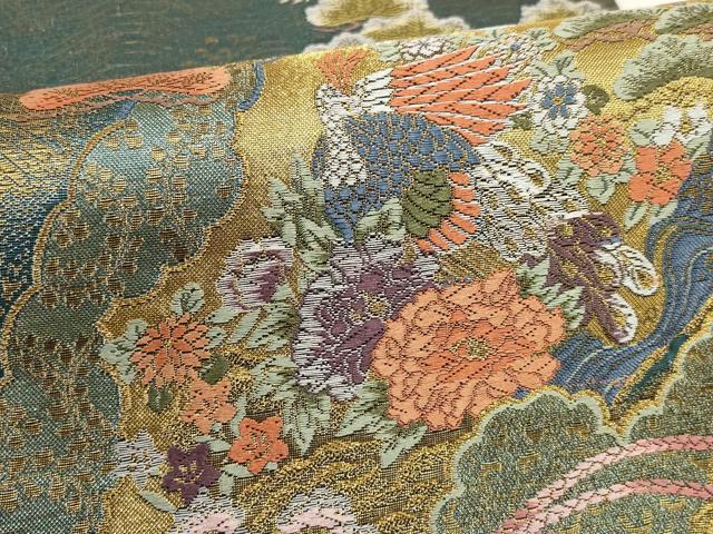 平和屋着物▼六通柄袋帯 扇面花鳥文 金糸 正絹 逸品 AABH7822wj