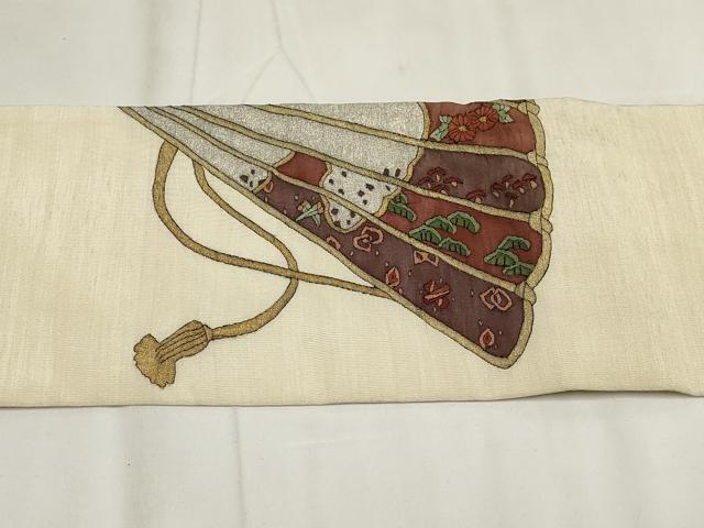 平和屋着物▼明綴れ　九寸名古屋帯　扇面花文　金銀糸　正絹　逸品　AABH7839wj