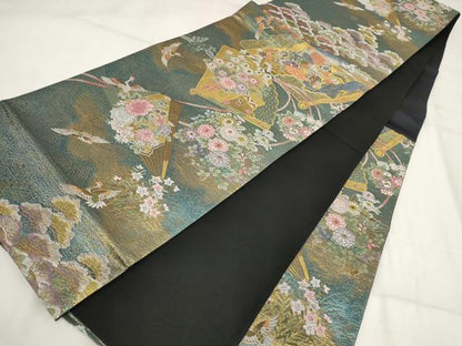 平和屋着物▼六通柄袋帯 扇面花鳥文 金糸 正絹 逸品 AABH7822wj