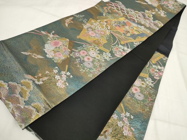 平和屋着物▼六通柄袋帯 扇面花鳥文 金糸 正絹 逸品 AABH7822wj