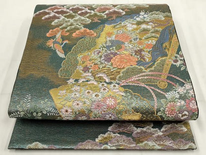 平和屋着物▼六通柄袋帯 扇面花鳥文 金糸 正絹 逸品 AABH7822wj