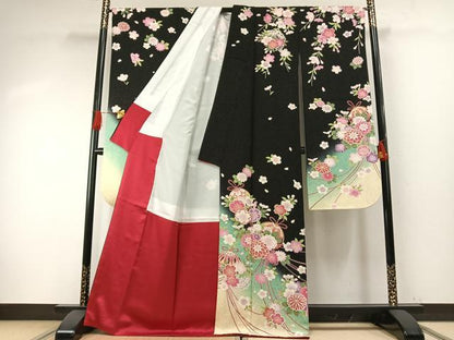 平和屋着物●豪華振袖　草花毬文　暈し染め　黒地　金彩　金通し地　正絹　逸品　AABH4946fy