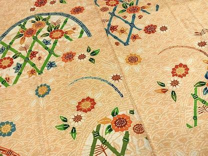 平和屋着物●訪問着　型染め　草花文　正絹　逸品　AABH4951fy