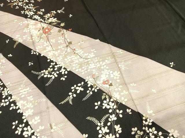 平和屋着物●訪問着　駒刺繍　枝花文　黒地　金糸　金銀彩　正絹　逸品　AABH4994fy