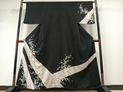 平和屋着物●訪問着　駒刺繍　枝花文　黒地　金糸　金銀彩　正絹　逸品　AABH4994fy