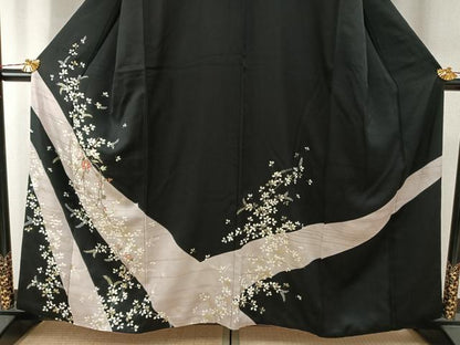 平和屋着物●訪問着　駒刺繍　枝花文　黒地　金糸　金銀彩　正絹　逸品　AABH4994fy
