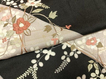 平和屋着物●訪問着　駒刺繍　枝花文　黒地　金糸　金銀彩　正絹　逸品　AABH4994fy