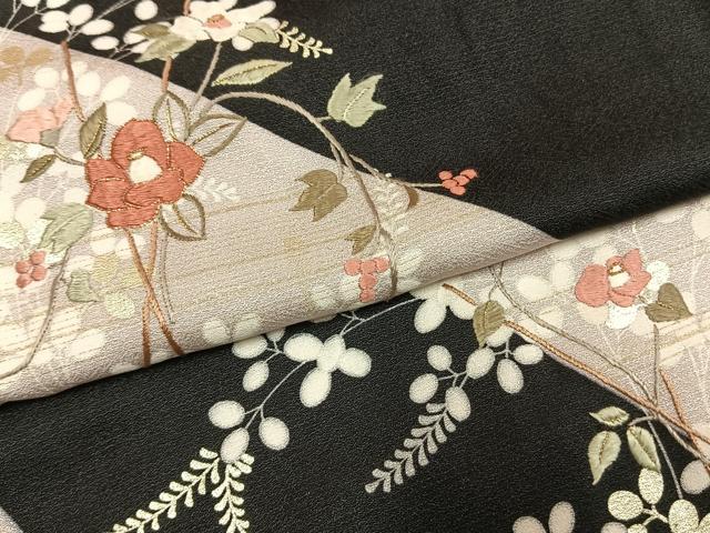 平和屋着物●訪問着　駒刺繍　枝花文　黒地　金糸　金銀彩　正絹　逸品　AABH4994fy
