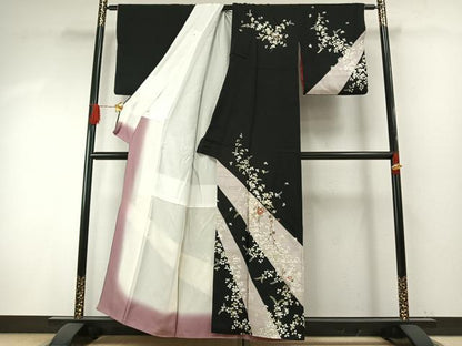 平和屋着物●訪問着　駒刺繍　枝花文　黒地　金糸　金銀彩　正絹　逸品　AABH4994fy