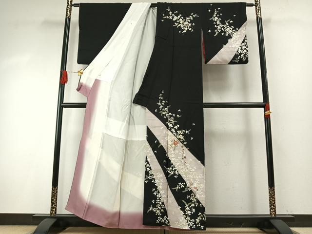 平和屋着物●訪問着　駒刺繍　枝花文　黒地　金糸　金銀彩　正絹　逸品　AABH4994fy
