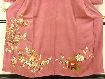 平和屋着物●アンティーク　大正ロマン　訪問着　駒刺繍　貝桶花文　金糸　金彩　正絹　逸品　AABH5029fy