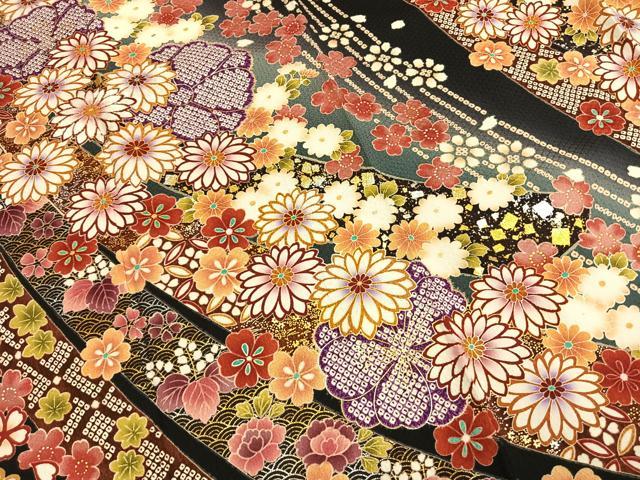 平和屋着物●豪華振袖　舞花文　暈し染め　黒地　金銀彩　正絹　逸品　AABH5028fy