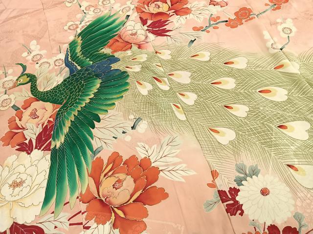 平和屋着物●アンティーク　大正ロマン　訪問着　刺繍　孔雀花文　金彩　正絹　逸品　AABH5033fy