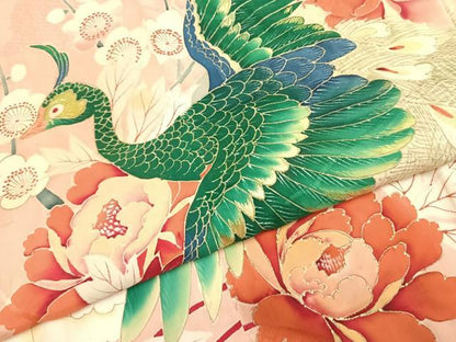 平和屋着物●アンティーク　大正ロマン　訪問着　刺繍　孔雀花文　金彩　正絹　逸品　AABH5033fy