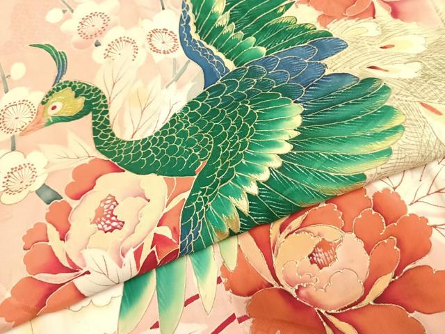 平和屋着物●アンティーク　大正ロマン　訪問着　刺繍　孔雀花文　金彩　正絹　逸品　AABH5033fy