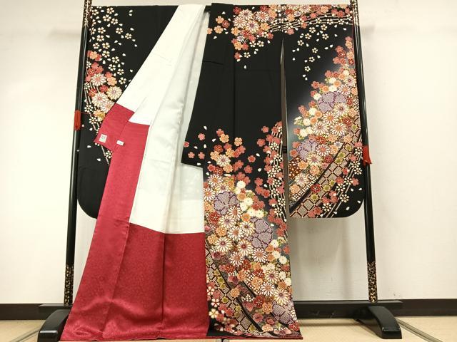 平和屋着物●豪華振袖　舞花文　暈し染め　黒地　金銀彩　正絹　逸品　AABH5028fy
