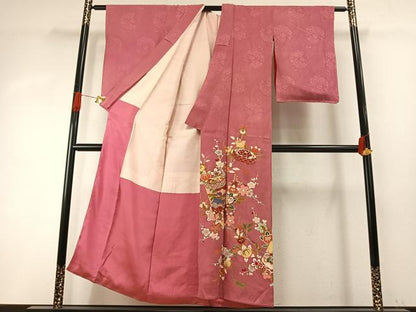 平和屋着物●アンティーク　大正ロマン　訪問着　駒刺繍　貝桶花文　金糸　金彩　正絹　逸品　AABH5029fy