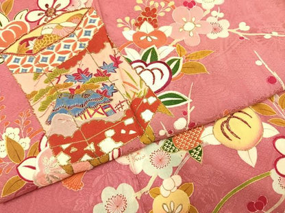 平和屋着物●アンティーク　大正ロマン　訪問着　駒刺繍　貝桶花文　金糸　金彩　正絹　逸品　AABH5029fy