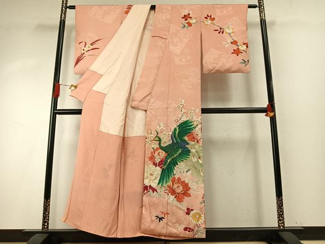 平和屋着物●アンティーク　大正ロマン　訪問着　刺繍　孔雀花文　金彩　正絹　逸品　AABH5033fy