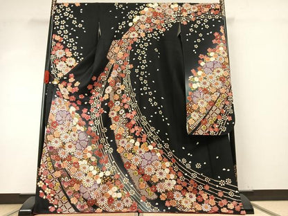 平和屋着物●豪華振袖　舞花文　暈し染め　黒地　金銀彩　正絹　逸品　AABH5028fy