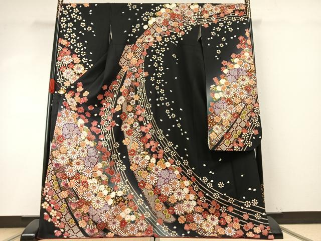 平和屋着物●豪華振袖　舞花文　暈し染め　黒地　金銀彩　正絹　逸品　AABH5028fy