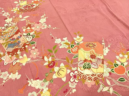 平和屋着物●アンティーク　大正ロマン　訪問着　駒刺繍　貝桶花文　金糸　金彩　正絹　逸品　AABH5029fy