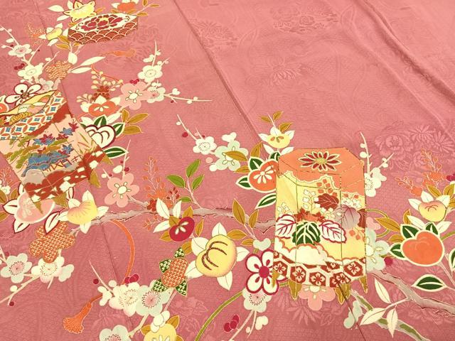 平和屋着物●アンティーク　大正ロマン　訪問着　駒刺繍　貝桶花文　金糸　金彩　正絹　逸品　AABH5029fy