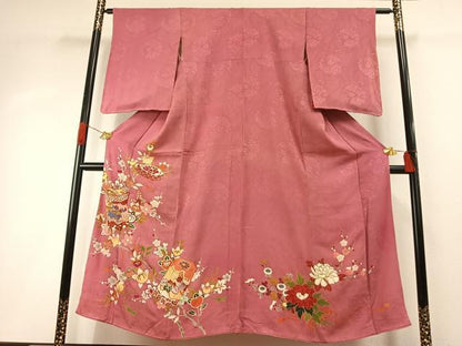 平和屋着物●アンティーク　大正ロマン　訪問着　駒刺繍　貝桶花文　金糸　金彩　正絹　逸品　AABH5029fy