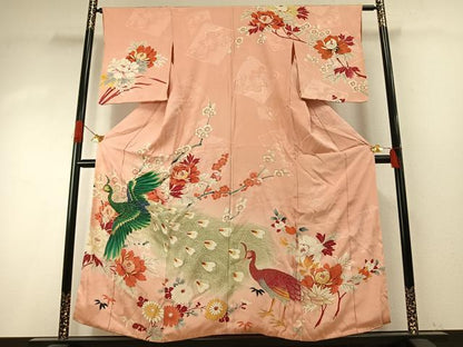 平和屋着物●アンティーク　大正ロマン　訪問着　刺繍　孔雀花文　金彩　正絹　逸品　AABH5033fy