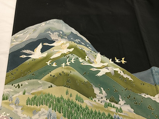 平和屋着物■豪華黒留袖　友禅　作家物　風景花鳥文　正絹　逸品　BAAX1481mz