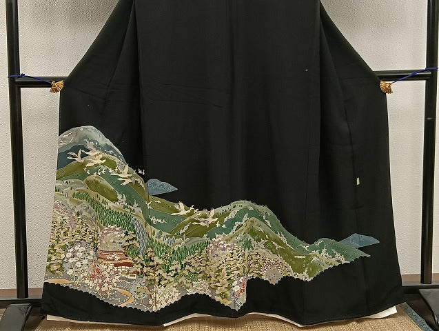 平和屋着物■豪華黒留袖　友禅　作家物　風景花鳥文　正絹　逸品　BAAX1481mz