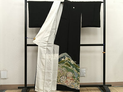 平和屋着物■豪華黒留袖　友禅　作家物　風景花鳥文　正絹　逸品　BAAX1481mz