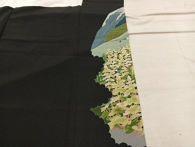 平和屋着物■豪華黒留袖　友禅　作家物　風景花鳥文　正絹　逸品　BAAX1481mz