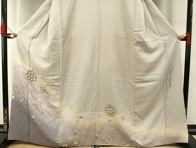 平和屋着物●染色家　岸上純平　色留袖　吉祥花文　暈し染め　銀通し地　正絹　逸品　AABH5038fy