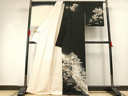 平和屋着物●訪問着　駒刺繍　松竹梅　風景文　暈し染め　金彩　正絹　逸品　AABH5037fy