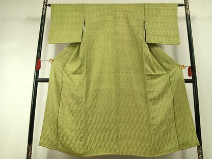 平和屋着物●上質な色無地　斜縞　草花地紋　抹茶色　正絹　逸品　AABH5062fy