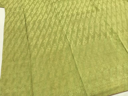 平和屋着物●上質な色無地　斜縞　草花地紋　抹茶色　正絹　逸品　AABH5062fy