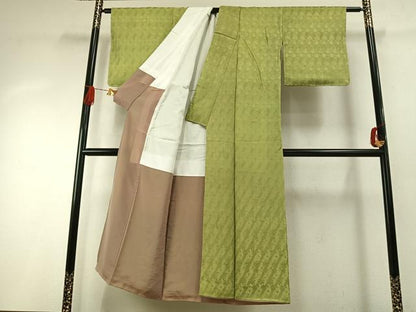 平和屋着物●上質な色無地　斜縞　草花地紋　抹茶色　正絹　逸品　AABH5062fy