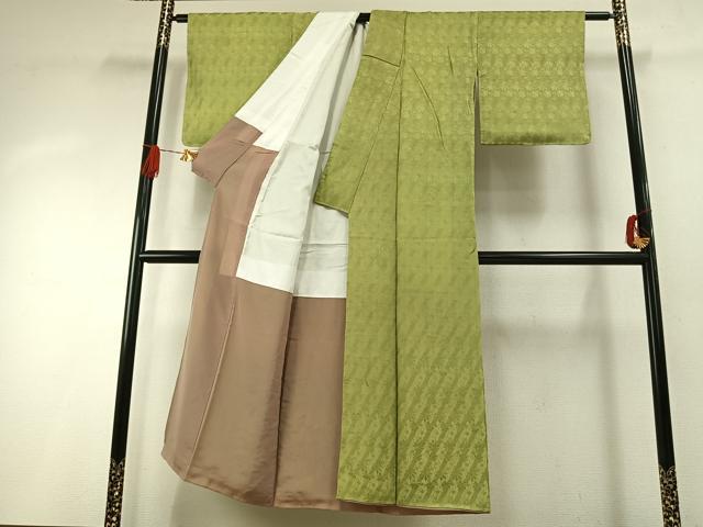平和屋着物●上質な色無地　斜縞　草花地紋　抹茶色　正絹　逸品　AABH5062fy