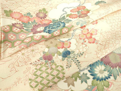 平和屋着物▽上質な小紋　単衣　雲取り七宝花文　金彩　正絹　逸品　DABE4195az