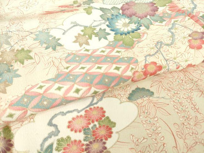 平和屋着物▽上質な小紋　単衣　雲取り七宝花文　金彩　正絹　逸品　DABE4195az