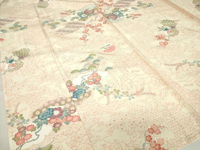 平和屋着物▽上質な小紋　単衣　雲取り七宝花文　金彩　正絹　逸品　DABE4195az 平和屋着物▽上質な小紋 単衣 雲取り七宝花文 金彩 正絹