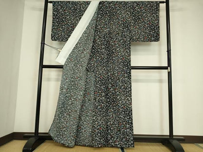 平和屋着物▽小紋　単衣　舞花文　黒地　洗える着物　DABE4229az