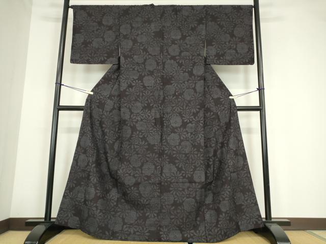 平和屋着物▽結城紬　単衣　花尽くし　80亀甲　正絹　逸品　DABE4213az