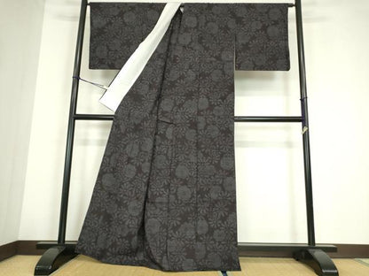 平和屋着物▽結城紬　単衣　花尽くし　80亀甲　正絹　逸品　DABE4213az