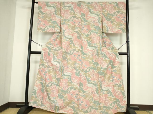 平和屋着物▽小紋　単衣　吉祥花文　洗える着物　DABE4230az