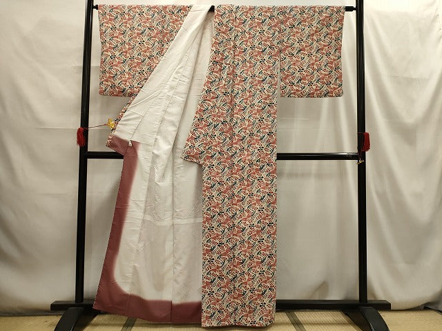 平和屋着物■小紋 型染め 草花文 鬼しぼ縮緬 洗える着物 AABH6161sx